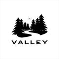 Black pine tree silhouette river valley illustration logo design Royalty Free Stock Photo