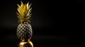 Black pineapple on golden stand isolated on dark bacground with copy space