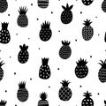 Black pineapple pattern. Doodle abstract pineapples decorative seamless texture. Fruits vector print