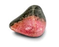 Black and pink colored rhodonite stone, isolated on white background. Rounded smooth surface.