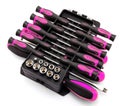 Black and pink screwdriver set in organizer box isolated