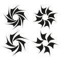 Black pinwheel forms. Rotating shape set. Abstract Vector flower. Dynamic motion element. Royalty Free Stock Photo