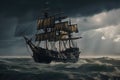 The Black Pirate Ship sailing on a stormy sea, representing adventure, danger and excitement on the high seas. Ai generated Royalty Free Stock Photo