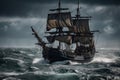 The Black Pirate Ship sailing on a stormy sea, representing adventure, danger and excitement on the high seas. Ai generated Royalty Free Stock Photo