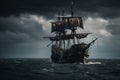 The Black Pirate Ship sailing on a stormy sea, representing adventure, danger and excitement on the high seas. Ai generated Royalty Free Stock Photo