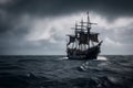 The Black Pirate Ship sailing on a stormy sea, representing adventure, danger and excitement on the high seas. Ai generated Royalty Free Stock Photo