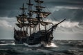 The Black Pirate Ship sailing on a stormy sea, representing adventure, danger and excitement on the high seas. Ai generated Royalty Free Stock Photo