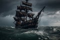 The Black Pirate Ship sailing on a stormy sea, representing adventure, danger and excitement on the high seas. Ai generated Royalty Free Stock Photo