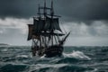 The Black Pirate Ship sailing on a stormy sea, representing adventure, danger and excitement on the high seas. Ai generated Royalty Free Stock Photo