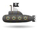 Black pirate submarine. Jolly Roger flag. White background. Cartoon style. Isolated object. Vector Image. Royalty Free Stock Photo