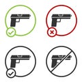 Black Pistol or gun icon isolated on white background. Police or military handgun. Small firearm. Circle button. Vector Royalty Free Stock Photo