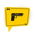 Black Pistol or gun icon isolated on white background. Police or military handgun. Small firearm. Yellow speech bubble Royalty Free Stock Photo