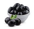 Black pitted olives in bowl isolated on white background Royalty Free Stock Photo