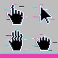 Black pixel glitch mouse hand and arrow cursor icon sign set