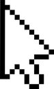 Black pixelated arrow cursor pointing diagonally upwards against a clean white background, symbolizing a classic element