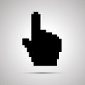 Black pixelated computer cursor in hand shape, simple icon with shadow