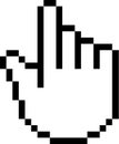 Black pixelated hand cursor is pointing with index finger on a white background, representing a simple action of