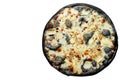 Black pizza four cheese on a white background isolated Royalty Free Stock Photo