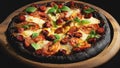 Black pizza with tomatoes, sausages, mozzarella and basil. Dough with healthy bamboo charcoal powder Royalty Free Stock Photo