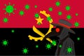 Black plague doctor surrounded by viruses with copy space with ANGOLA flag