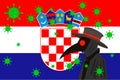 Black plague doctor surrounded by viruses with copy space with CROACIA flag