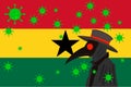 Black plague doctor surrounded by viruses with copy space with GHANA flag