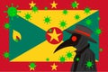 Black plague doctor surrounded by viruses with copy space with GRENADA flag