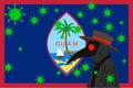 Black plague doctor surrounded by viruses with copy space with GUAM flag