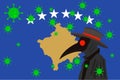 Black plague doctor surrounded by viruses with copy space with KOSOVO flag