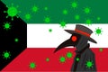 Black plague doctor surrounded by viruses with copy space with KUWAIT flag
