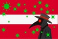 Black plague doctor surrounded by viruses with copy space with LATVIA flag