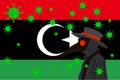 Black plague doctor surrounded by viruses with copy space with LIBYA flag Royalty Free Stock Photo