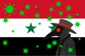 Black plague doctor surrounded by viruses with copy space with SYRIA flag