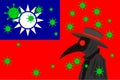 Black plague doctor surrounded by viruses with copy space with TAIWAN flag