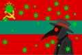 Black plague doctor surrounded by viruses with copy space with TRANSNITRIA flag Royalty Free Stock Photo