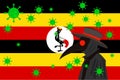 Black plague doctor surrounded by viruses with copy space with UGANDA flag