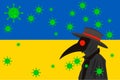 Black plague doctor surrounded by viruses with copy space with UKRAINE flag