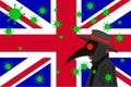 Black plague doctor surrounded by viruses with copy space with UNITED KINGDOM flag UK