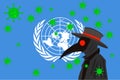 Black plague doctor surrounded by viruses with copy space with UNITED NATIONS flag