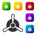 Black Plane propeller icon isolated on white background. Vintage aircraft propeller. Set icons in color square buttons. Vector Royalty Free Stock Photo