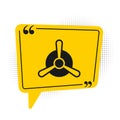 Black Plane propeller icon isolated on white background. Vintage aircraft propeller. Yellow speech bubble symbol. Vector Royalty Free Stock Photo