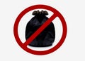 Black Plastic Bag Contains Full Garbage And Tie The Bag In Red Forbidden Sign. Do Not Litter In This Area Sign Isolated On White