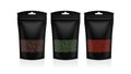 Black Plastic bag with windows. Black, green, red tea. Packaging template mockup collection