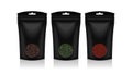 Black Plastic bags with round windows. Black, green, red tea. Packaging template mockup collection Royalty Free Stock Photo