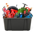 Black plastic box full of car tools, equipment and accessories. Royalty Free Stock Photo