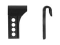 Black plastic bracket with four holes on white background