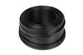 Black plastic cable coil, ideal for electrical or industrial use, isolated on a white background. Royalty Free Stock Photo