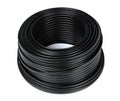 Black plastic cable coil, ideal for electrical or industrial use, isolated on a white background. Royalty Free Stock Photo