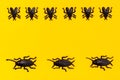 Black plastic cockroaches and black plastic flies on a yellow cardboard background. Ready Halloween illustration