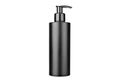 Black plastic cosmetics bottle with pump on white background isolated close up, soap dispenser container template, blank package